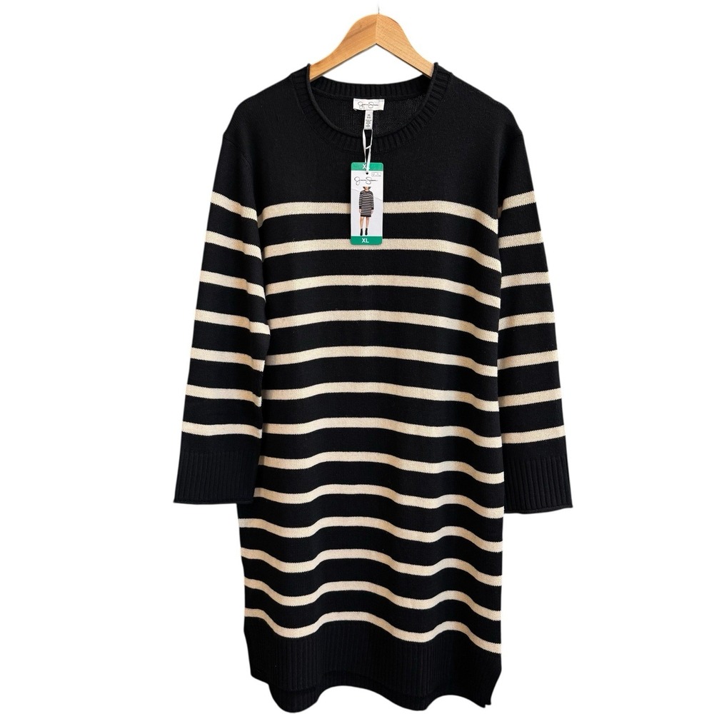 Jessica Simpson Black Stripe Long Sleeve Cozy Knit Sweater Midi Dress NEW XL #9